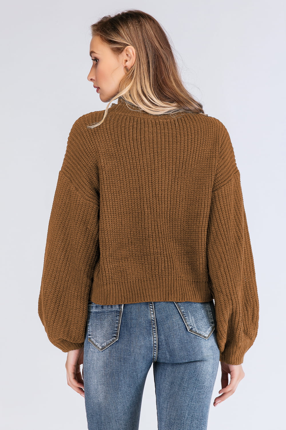 Boho Turtleneck Rib-Knit Lantern Sleeve Sweater