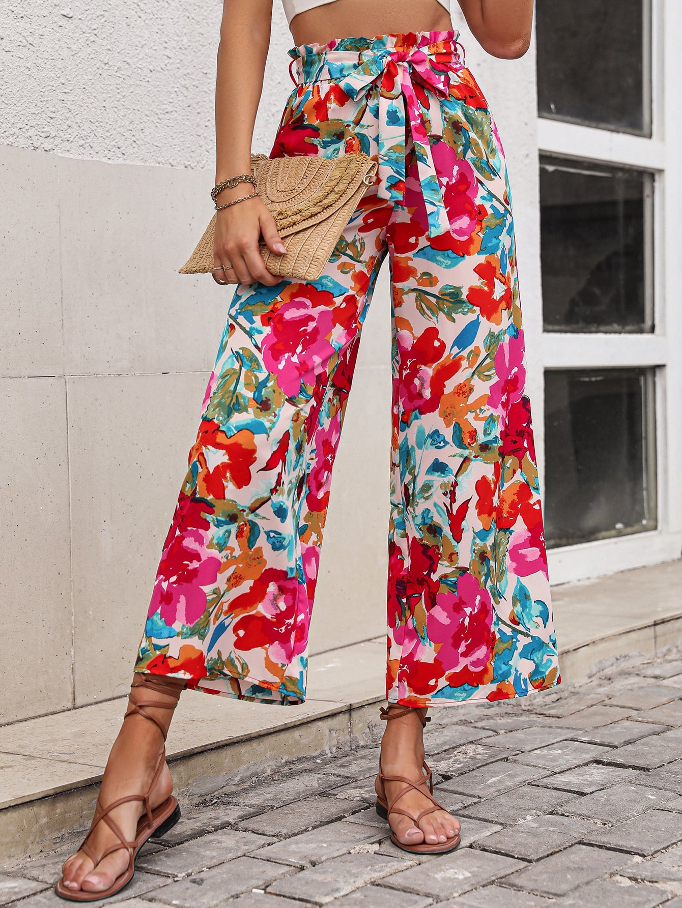 Bright Summer Floral Tie Belt Wide Leg Pants