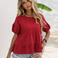 Boho Red Round Neck Ruched Short Sleeve Blouse