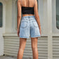 Boho Crossover Buttoned Raw Hem Denim Shorts