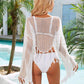 Fringe Trim Flare Sleeve Openwork Swimsuit Cover Up