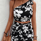 Black and White Floral One-Shoulder Cropped Tank and Shorts Set