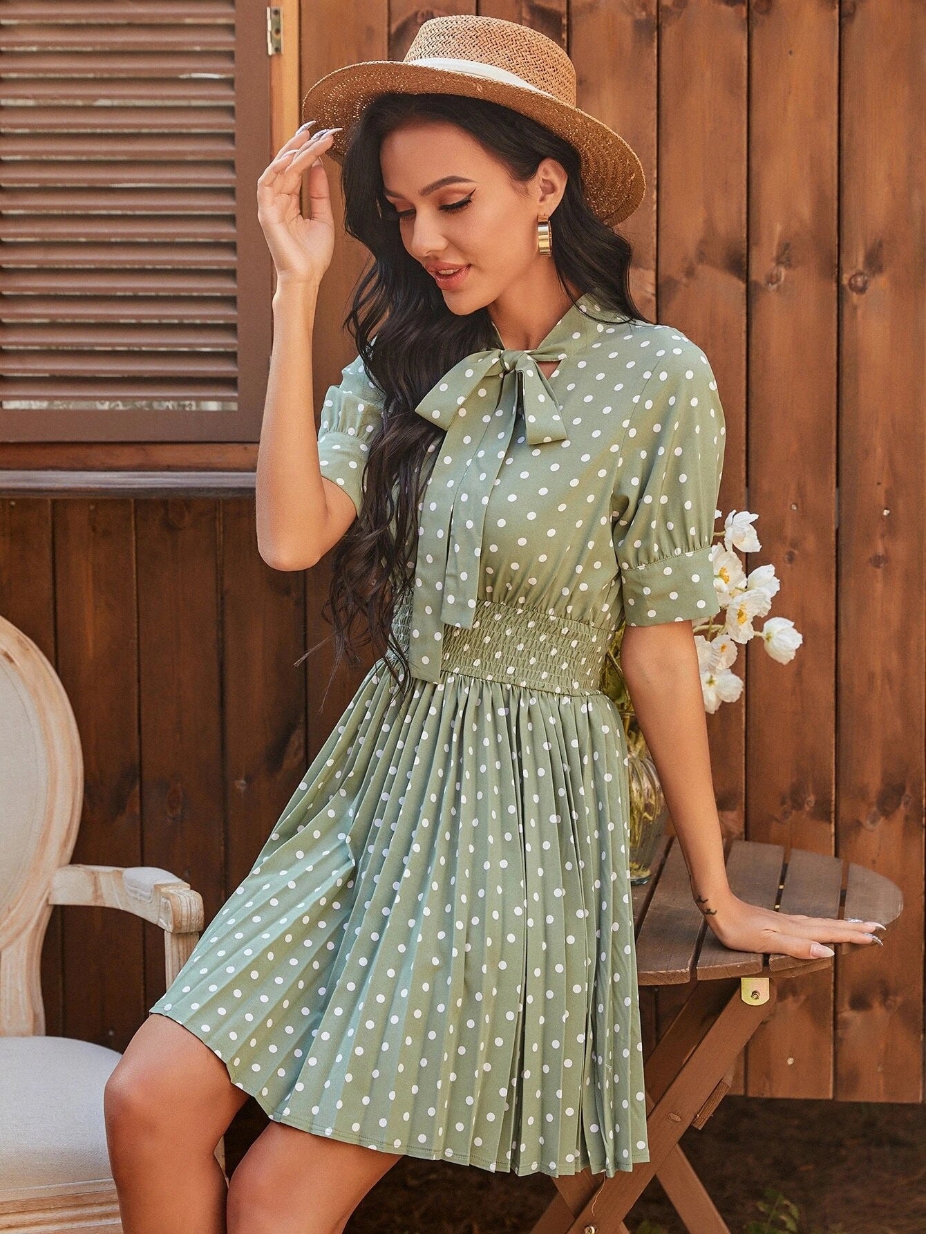 Amelia Bohemian Polka Dot Pleated Tie Neck Smocked Waist Dress