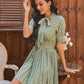 Amelia Bohemian Polka Dot Pleated Tie Neck Smocked Waist Dress