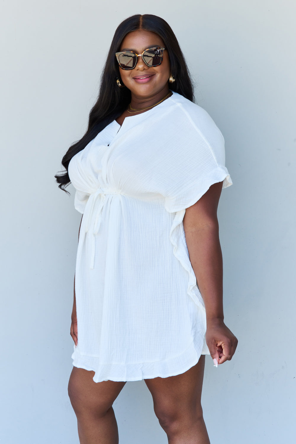 Out Of Time Boho Ruffle Hem Dress with Drawstring Waistband in White
