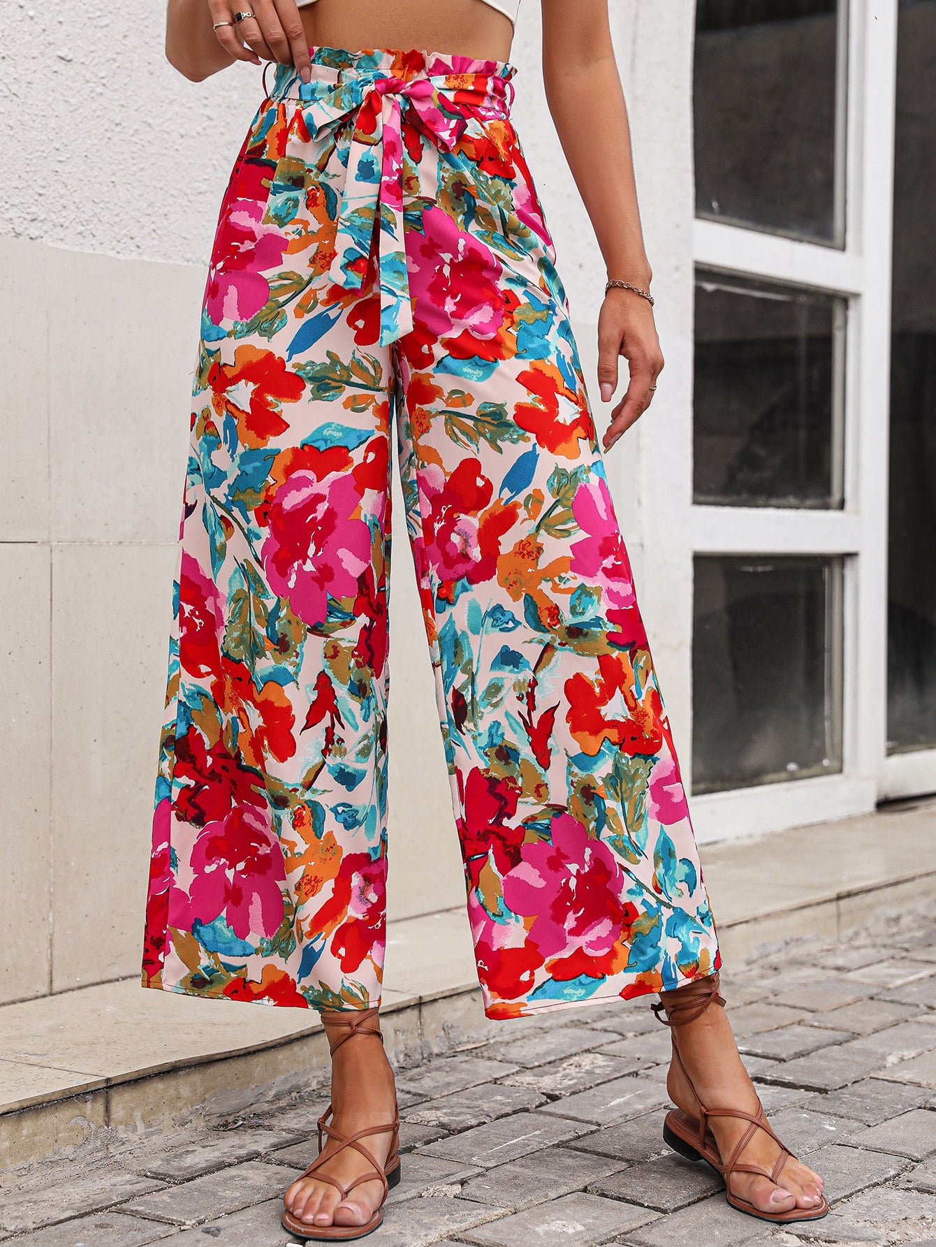 Bright Summer Floral Tie Belt Wide Leg Pants – OliverandJade