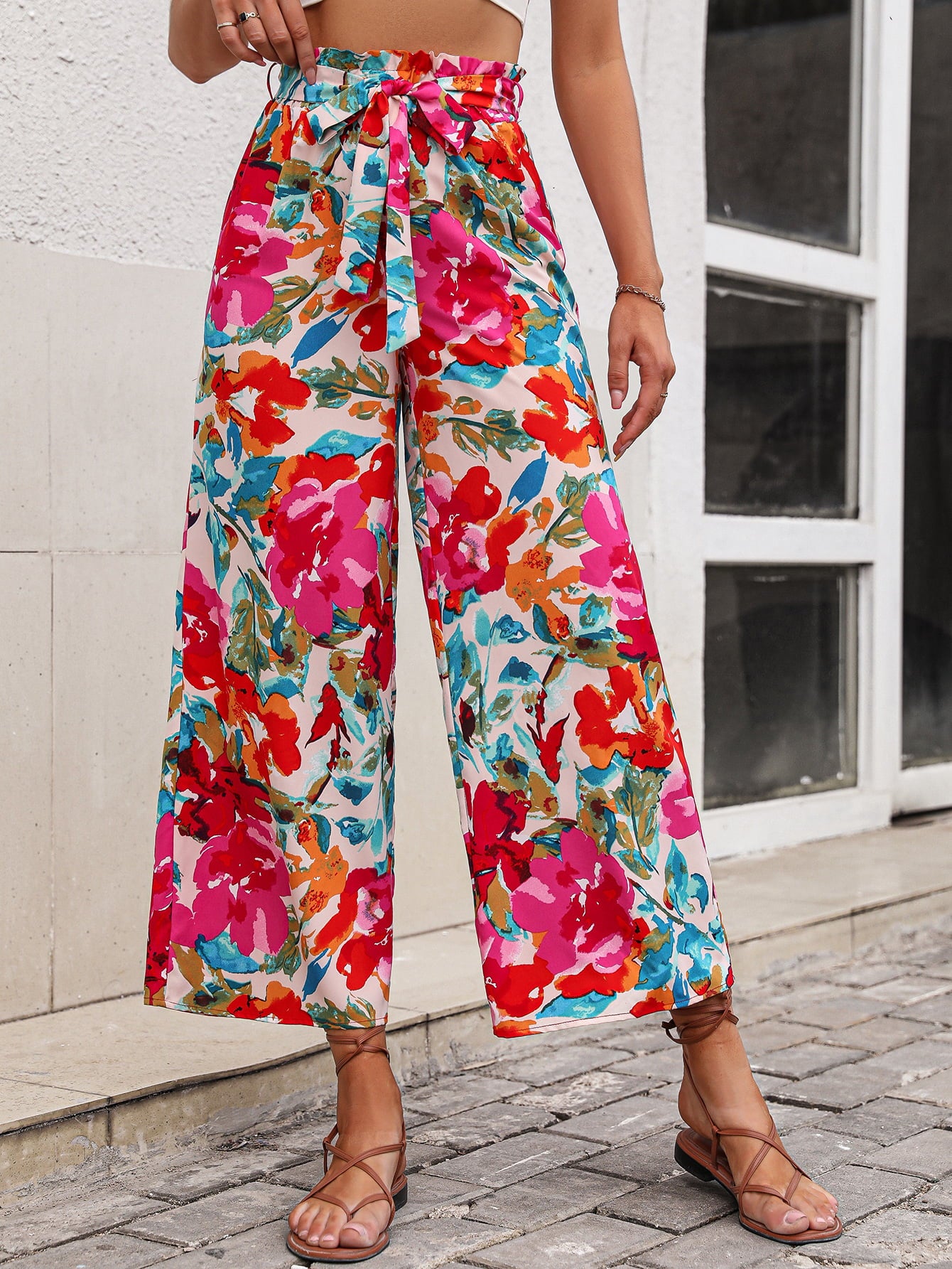 Bright Summer Floral Tie Belt Wide Leg Pants