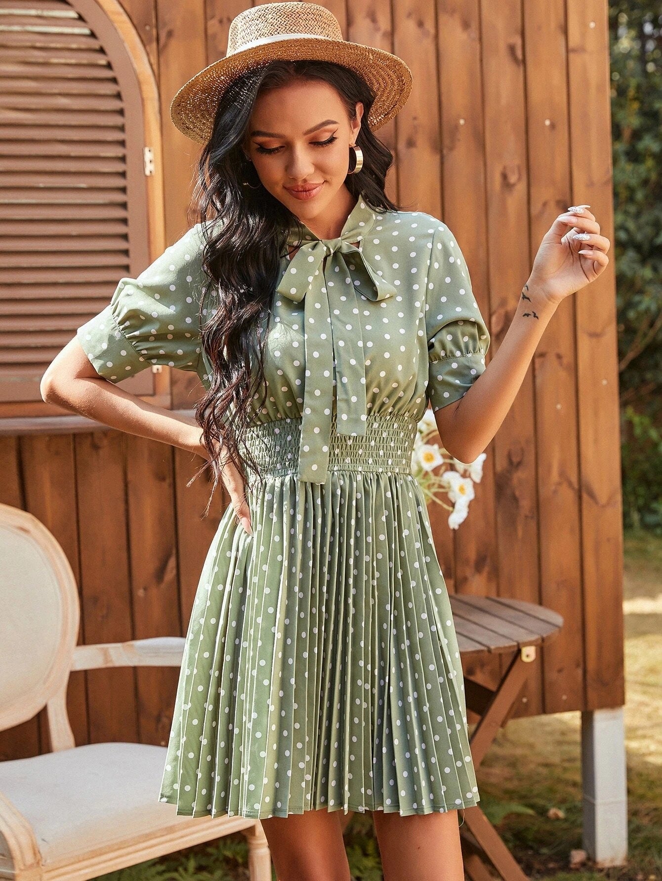 Amelia Bohemian Polka Dot Pleated Tie Neck Smocked Waist Dress