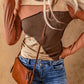 Boho Neutral Color Block Exposed Seam Long Sleeve Top