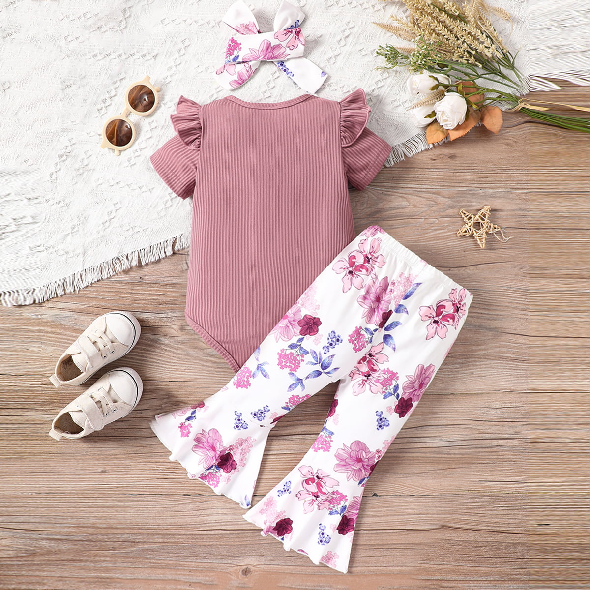 Little Baby Girl Ribbed Bodysuit and Printed Flare Pants Set