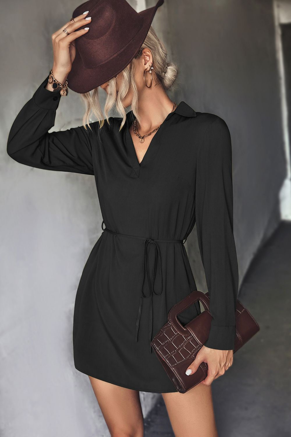Boho Belted Johnny Collar High-Low Shirt Dress