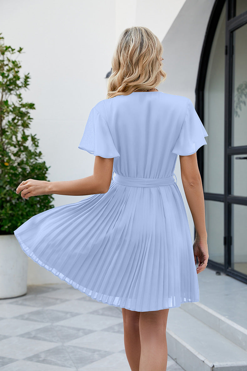 Boho Surplice Neck Tie Waist Flutter Sleeve Pleated Dress