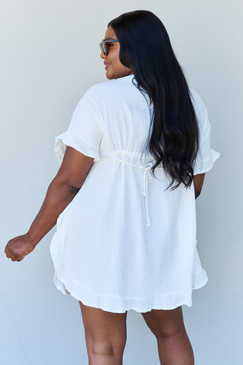 Out Of Time Boho Ruffle Hem Dress with Drawstring Waistband in White