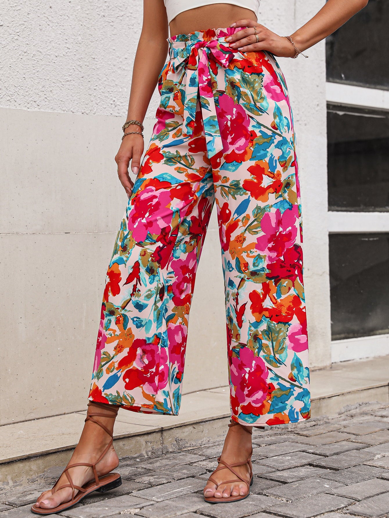 Bright Summer Floral Tie Belt Wide Leg Pants