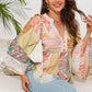 Boho Paisley Printed Colorblock Lace Trim Buttoned Blouse