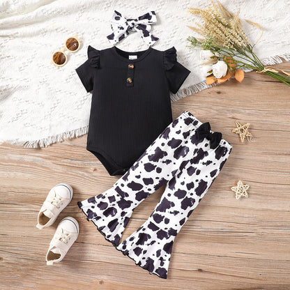 Little Baby Girl Ribbed Bodysuit and Printed Flare Pants Set