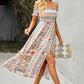 Bohemian Off-Shoulder Midi Frill Trim Split Dress