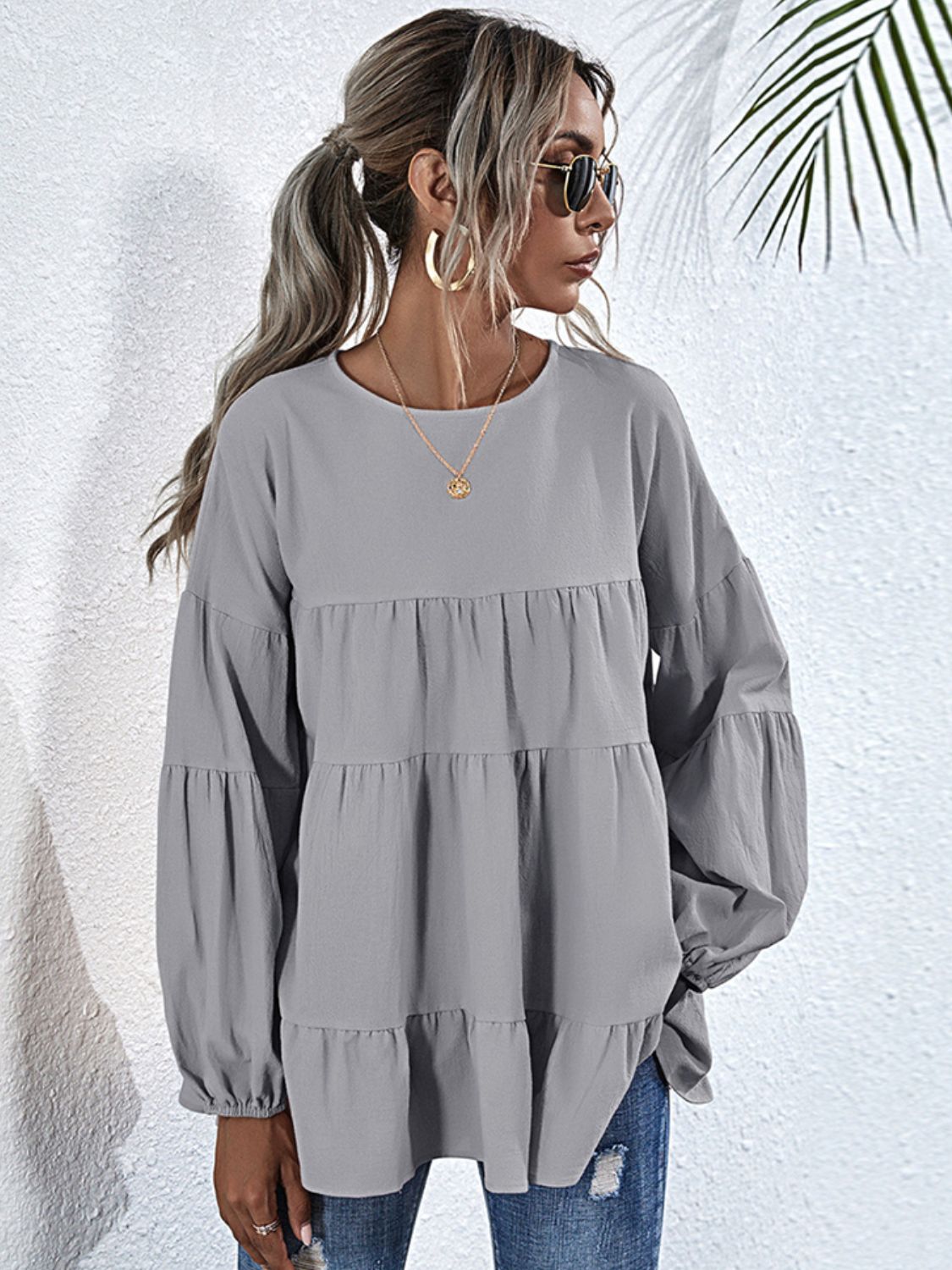 Bohemian Round Neck Dropped Shoulder Tiered Blouse