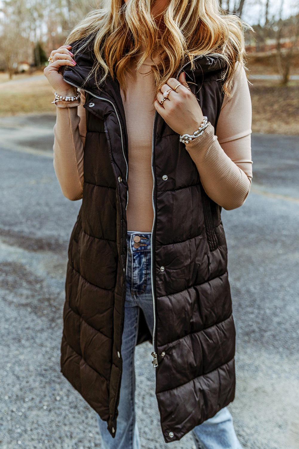 Bohemian Black Longline Hooded Sleeveless Puffer Vest – OliverandJade