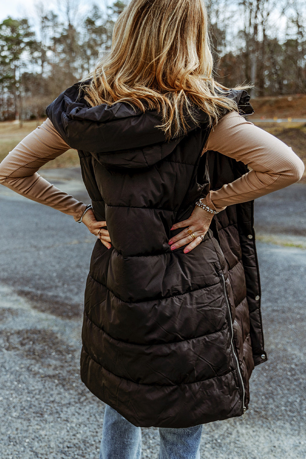 Bohemian Black Longline Hooded Sleeveless Puffer Vest – OliverandJade