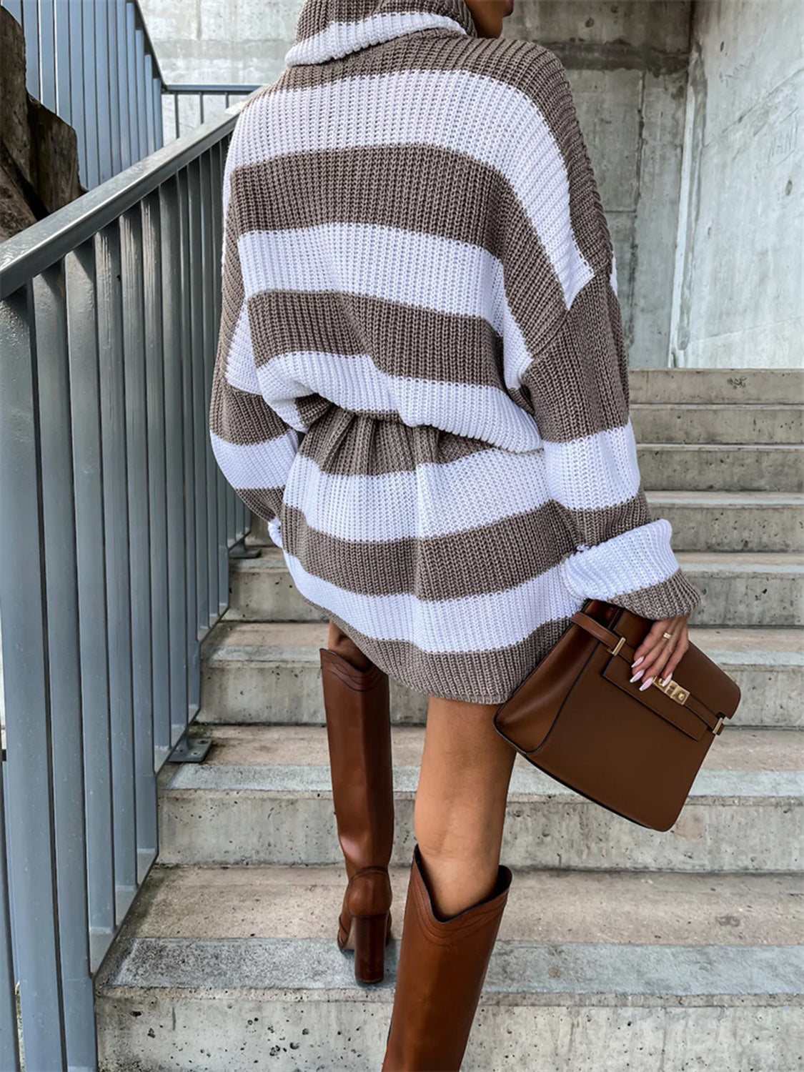 Bohemian Striped Turtleneck Lantern Sleeve Sweater Dress