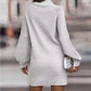 Bohemian Ribbed Mock Neck Lantern Sleeve Sweater Dress