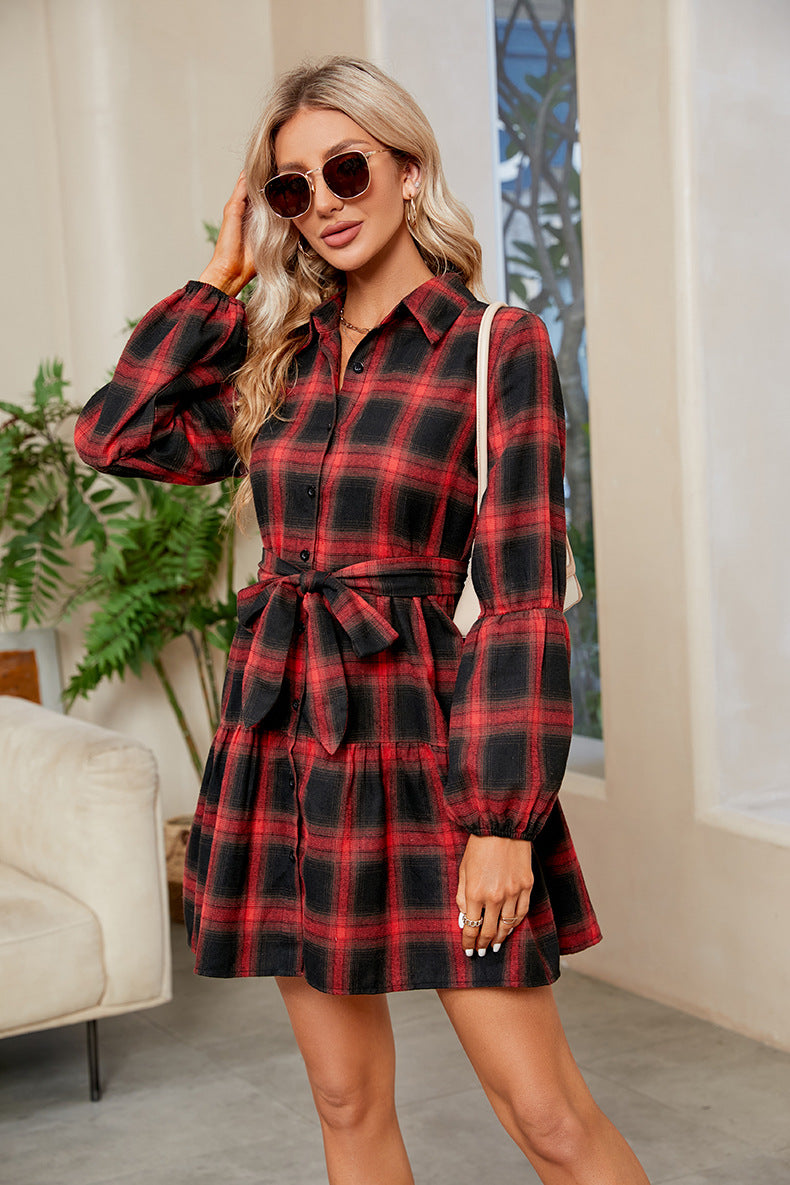 Country Boho Plaid Tie Waist Collared Neck Shirt Dress