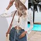 Boho White Openwork Drawstring V-Neck Long Sleeve Cover Up
