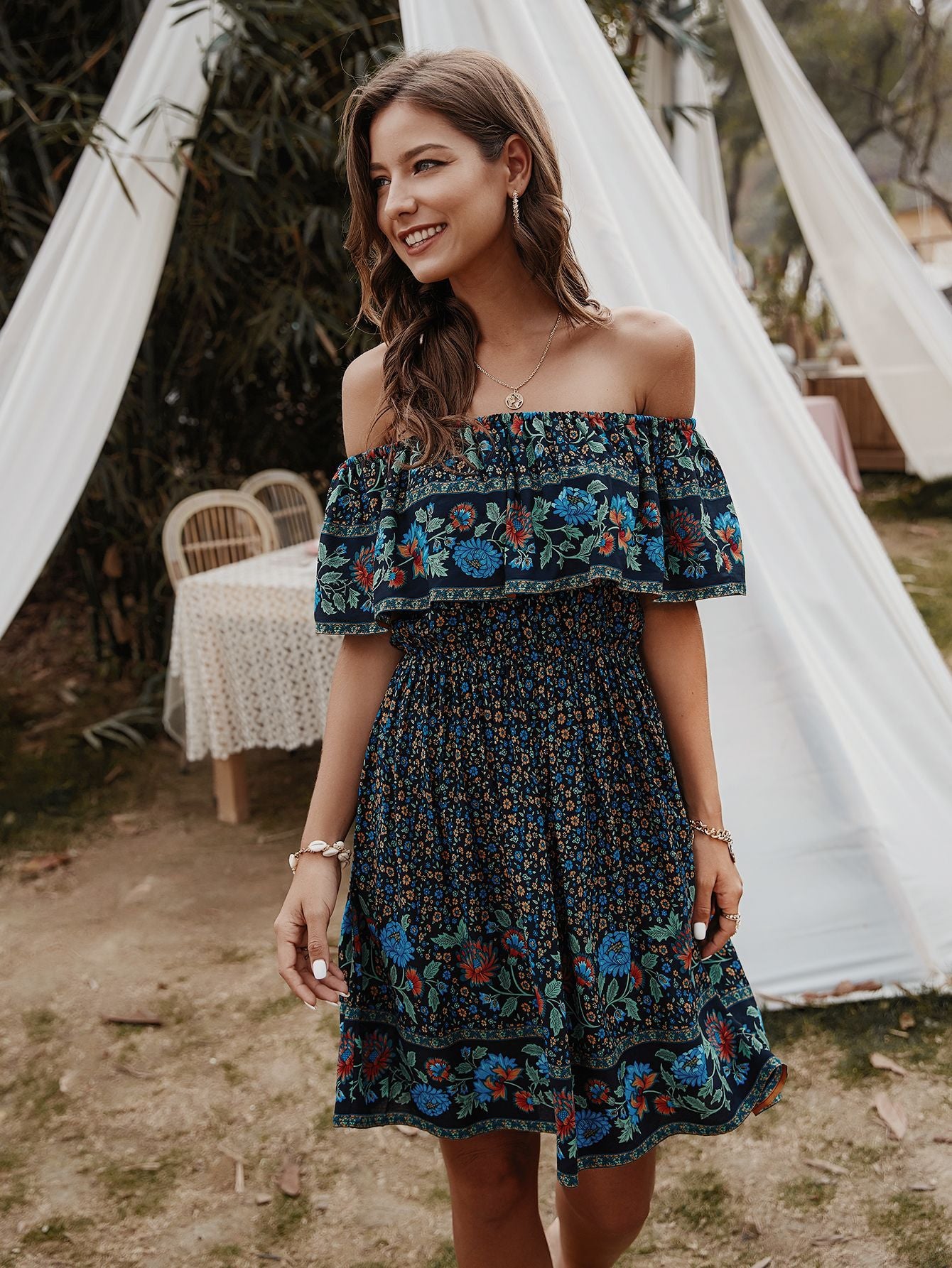 Carrie Bohemian Print Off-Shoulder Strapless Knee Length Dress