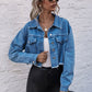 Boho Cropped Collared Neck Raw Hem Denim Jacket