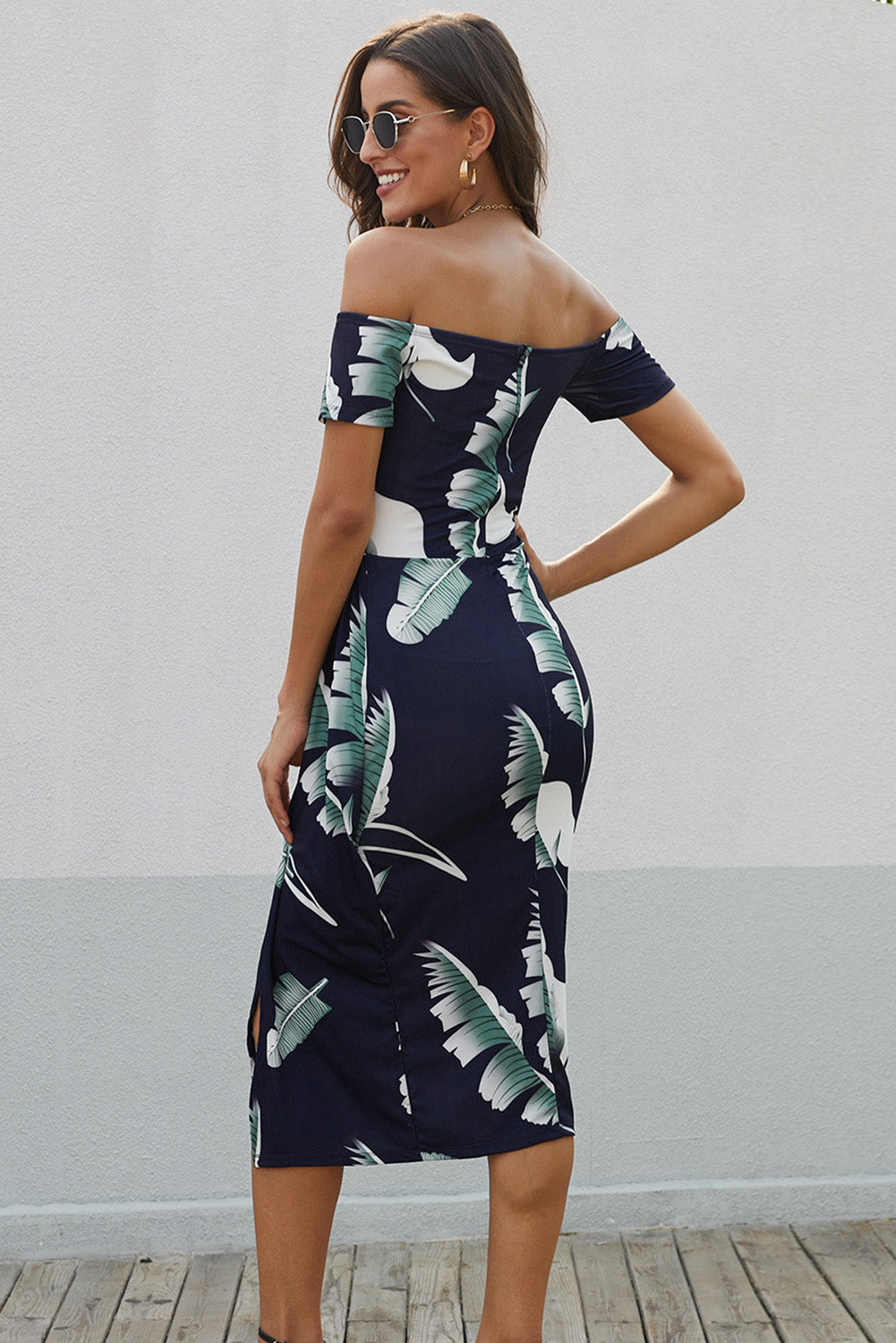 Printed Off-Shoulder Split Midi Dress