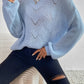 Boho Baby Blue Openwork Boat Neck Dropped Shoulder Sweater