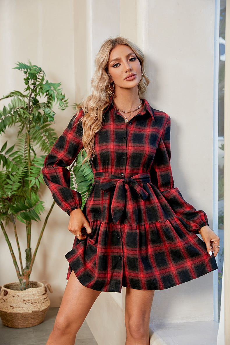 Country Boho Plaid Tie Waist Collared Neck Shirt Dress