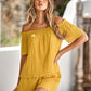 Boho Casual Textured Frill Trim Off-Shoulder Top and Shorts Set