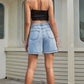 Boho Crossover Buttoned Raw Hem Denim Shorts