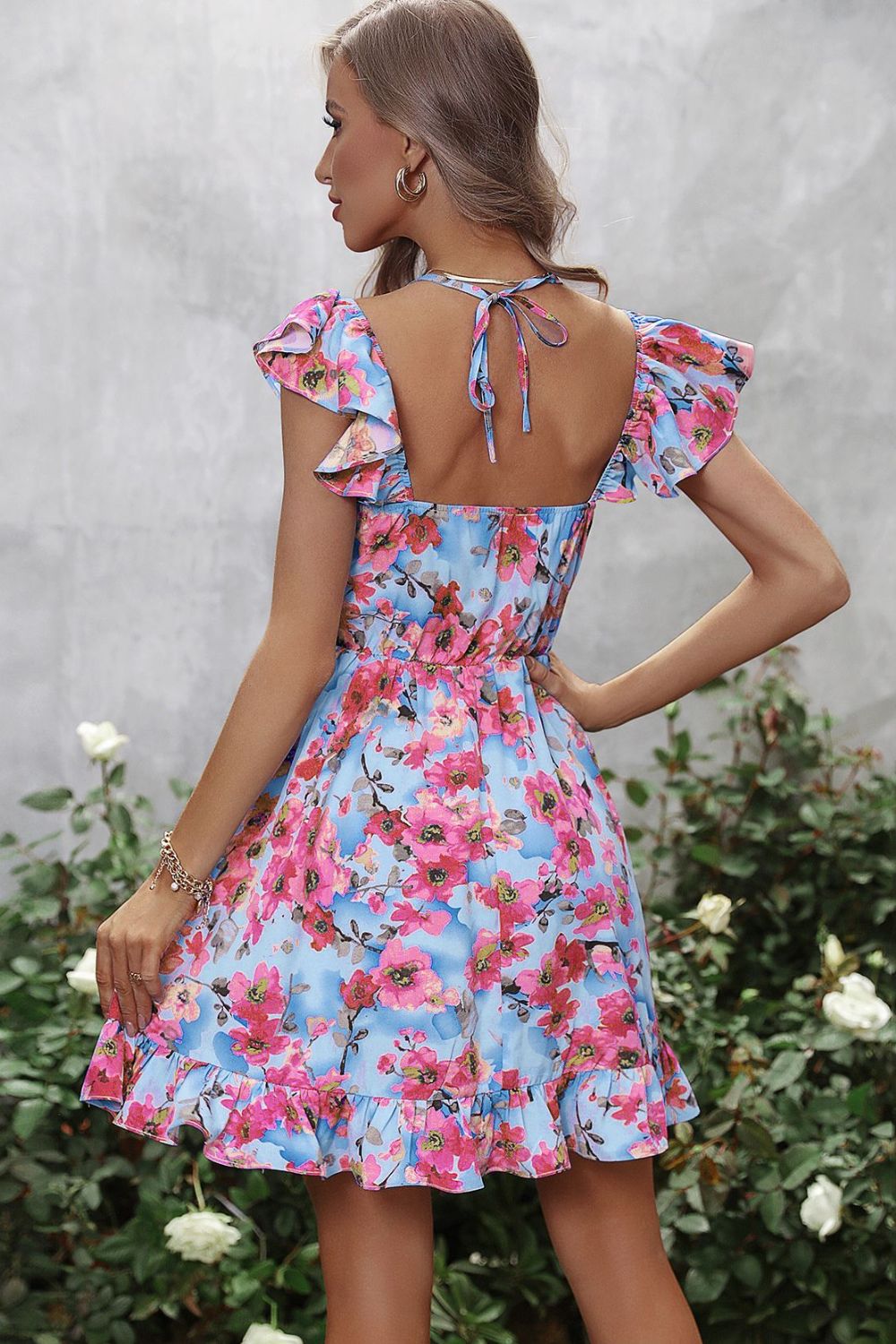 Grace Floral Halter Neck Ruffle Hem Dress