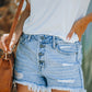 Mid Waist Buttoned Front Ripped Light Denim Shorts