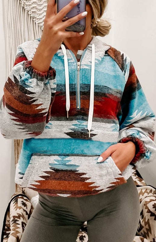 Boho Aztec Western Multi Color Drawstring Pullover Hoodie
