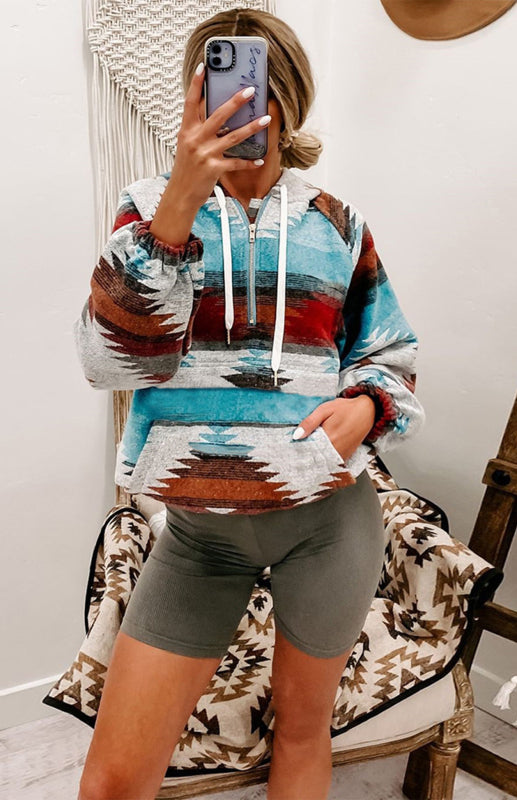 Boho Aztec Western Multi Color Drawstring Pullover Hoodie