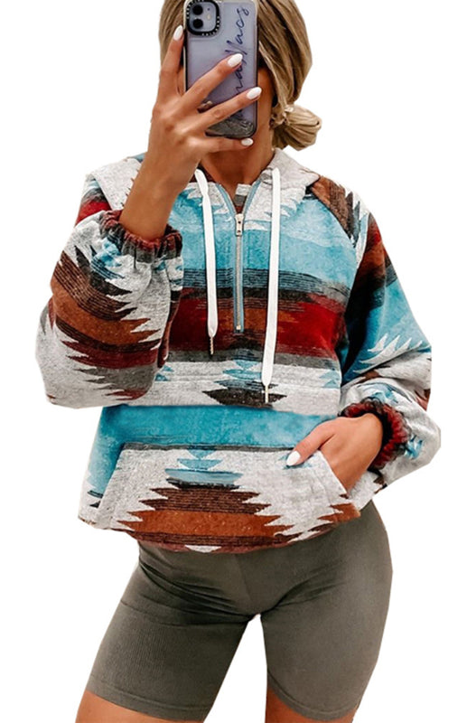 Boho Aztec Western Multi Color Drawstring Pullover Hoodie
