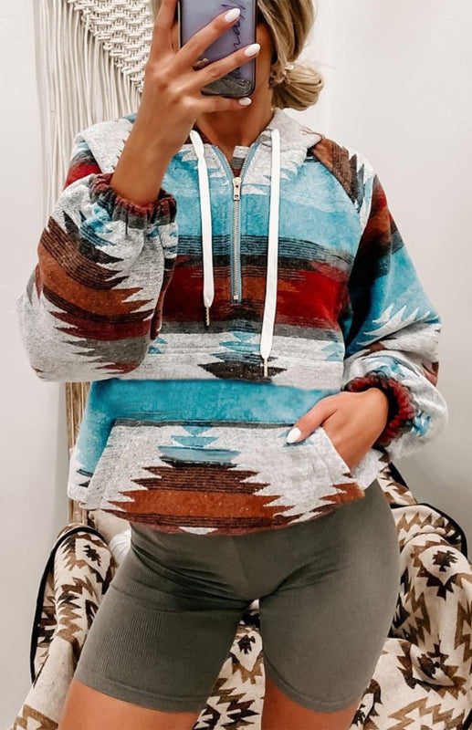Boho Aztec Western Multi Color Drawstring Pullover Hoodie