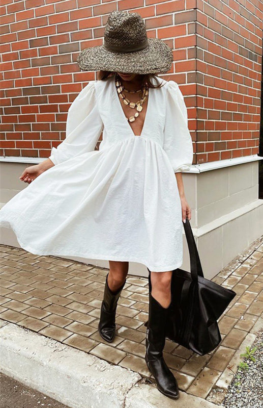 Women's Deep V-Neck Lantern Puff Sleeves Dress