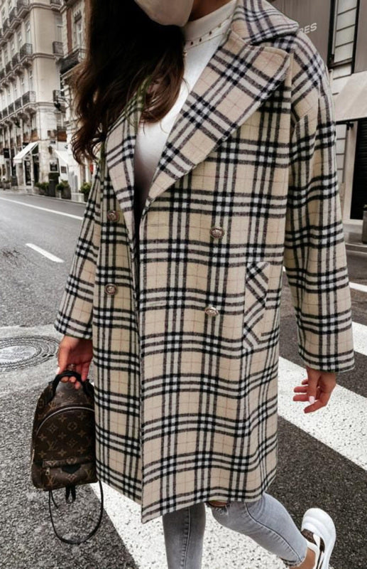 Boho Women’s Long Plaid Overcoat With Collared Neckline And Button Front