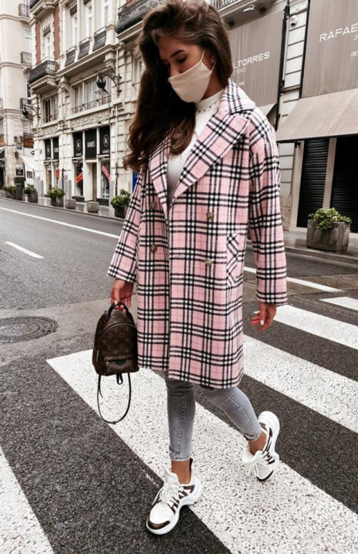 Boho Women’s Long Plaid Overcoat With Collared Neckline And Button Front