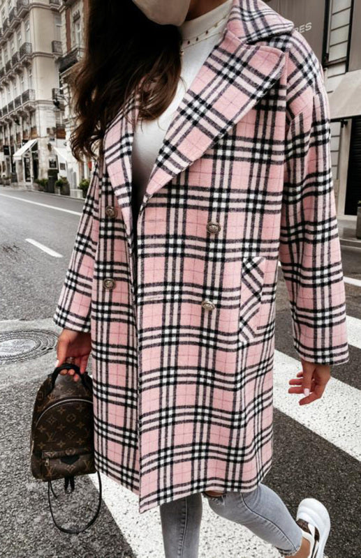 Boho Women’s Long Plaid Overcoat With Collared Neckline And Button Front