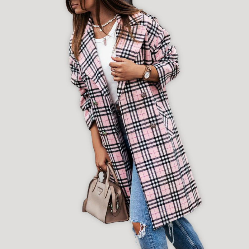 Boho Women’s Long Plaid Overcoat With Collared Neckline And Button Front