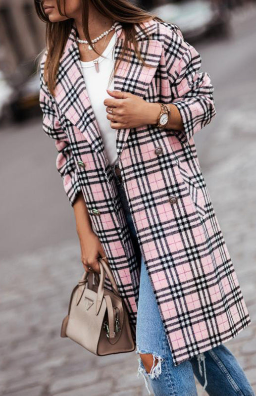 Boho Women’s Long Plaid Overcoat With Collared Neckline And Button Front