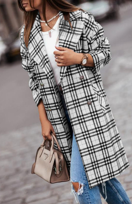 Boho Women’s Long Plaid Overcoat With Collared Neckline And Button Front