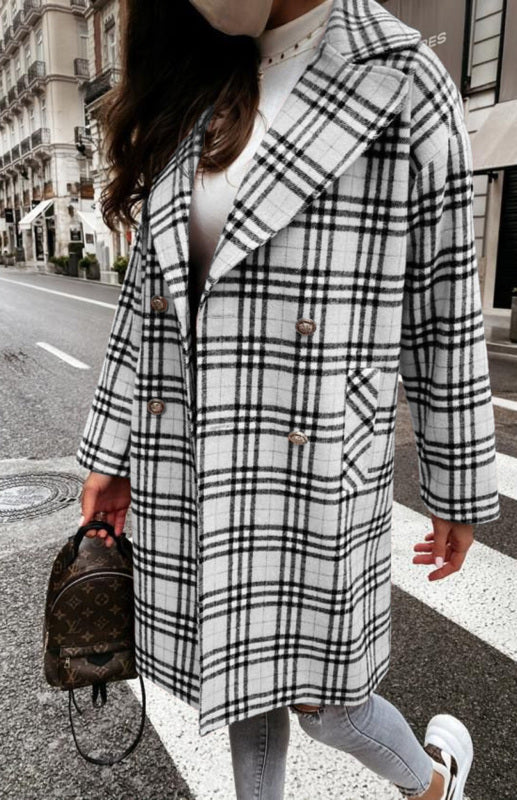 Boho Women’s Long Plaid Overcoat With Collared Neckline And Button Front