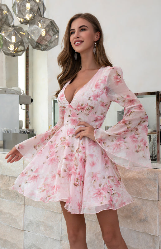 Bohemian Sexy V-Neck Floral Print Bell Sleeve Dress